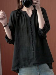 Simple Casual Solid Buttoned Pleated Blouse