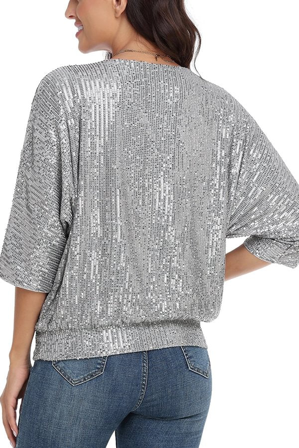 Solid Color Sequined Loose Round Neck Casual Top