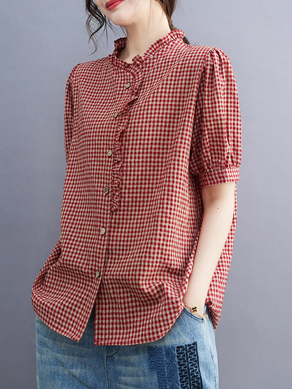 Loose Oversize Plaid Pleated Split-Joint V-Neck Blouses