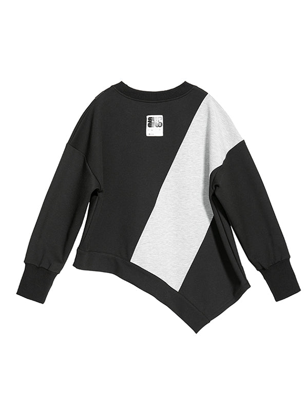 Stylish Black&Gray Asymmetric Contrast Color Long Sleeves Round-Neck T-Shirt