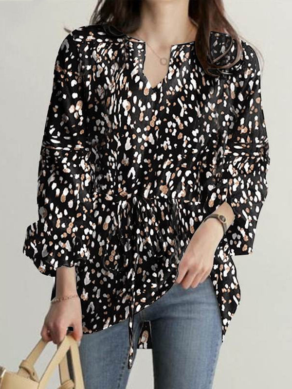 Long Sleeves Loose Drawstring Elasticity Leopard Tied V-Neck Blouses&Shirts Tops