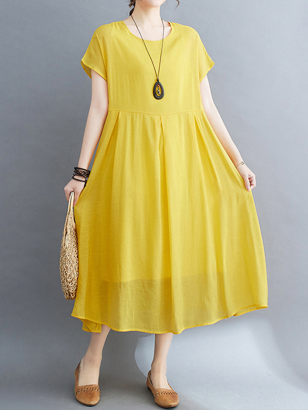 Loose Short Sleeves Solid Color Split-Joint Round-Neck Midi Dresses