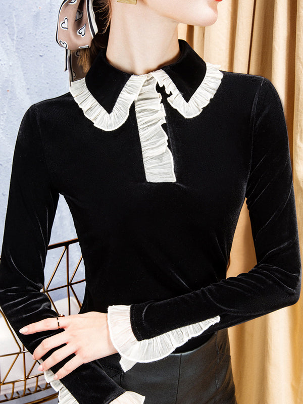 Long Sleeves Skinny Hollow Ruffled Peter Pan Collar T-Shirts Tops