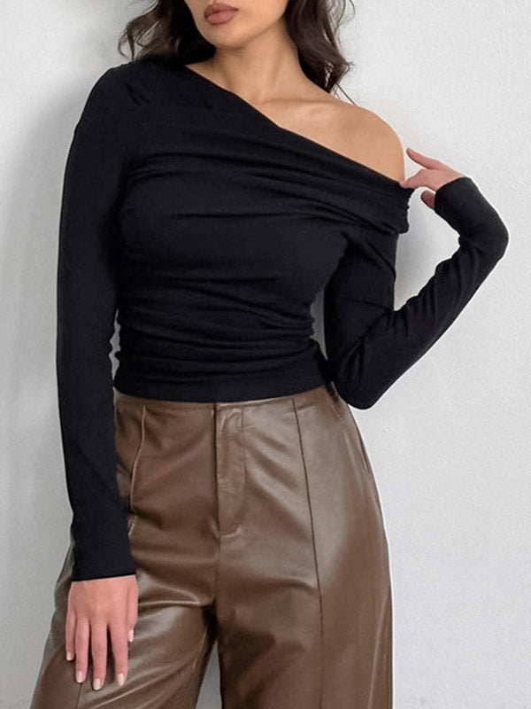 Long Sleeves Skinny Asymmetric Solid Color Asymmetric Collar T-Shirts Tops