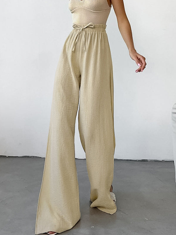 High Waisted Loose Drawstring Elasticity Solid Color Split-side Pants Trousers