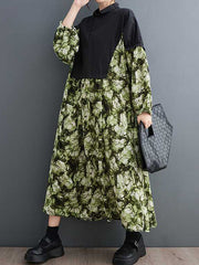 Long Sleeves Loose Buttoned Printed Split-Joint Lapel Midi Dresses