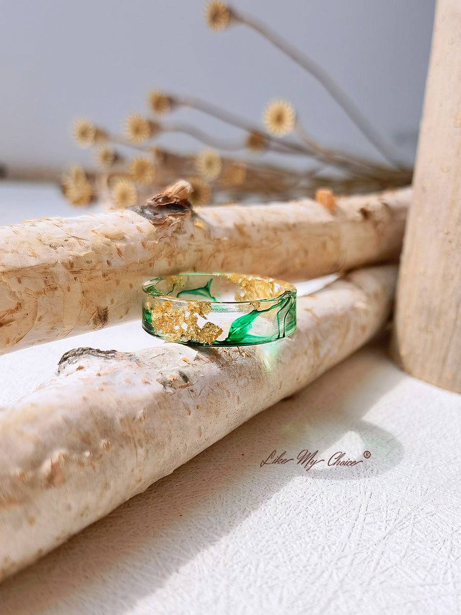 Handmade Dried Flower Gold Foil Colorful Resin Ring