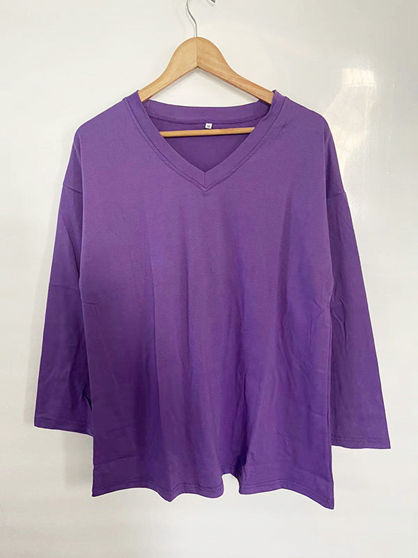 Long Sleeves Loose See-Through Solid Color Split-Joint V-Neck T-Shirts