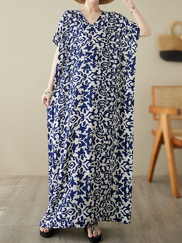 Batwing Sleeves Loose Floral Printed V-Neck Maxi Dresses