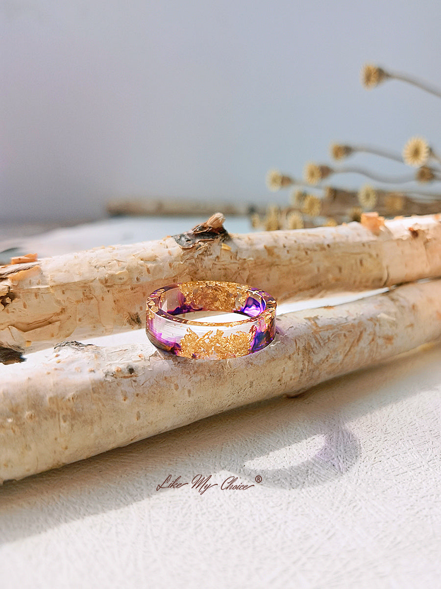 Handmade Dried Flower Gold Foil Colorful Resin Ring