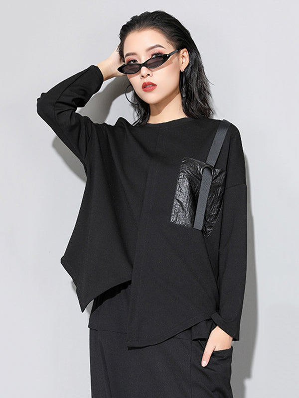 Fashion Loose Long Sleeves Split-Front Round-Neck T-Shirts Tops