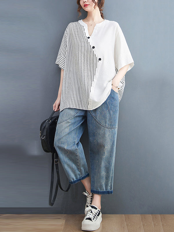 Simple Loose Asymmetric Striped V-Neck Blouse