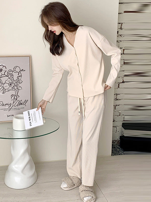 Solid Color Long Sleeves V-Neck Cardigan Tops & Pants Pajamas Set