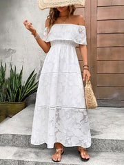 A-line Loose Elasticity Flower Print See-Through Solid Color Split-Joint Off-the-shoulder Midi Dresses