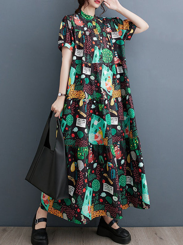 Loose Short Sleeves Buttoned Printed Split-Joint Stand Collar Midi Dresses