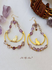 Moon & Cat Amethyst Dangle Boho Earrings