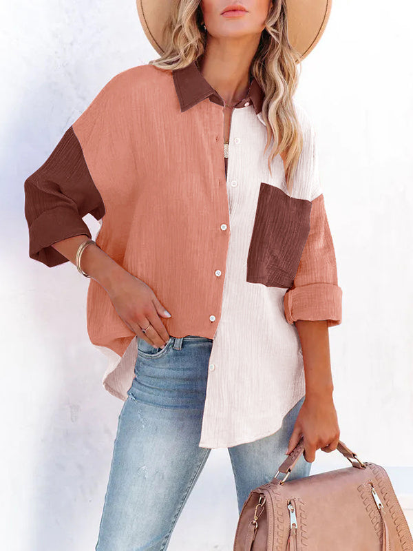 Casual Long Sleeves Contrast Color Split-Joint Lapel Blouses