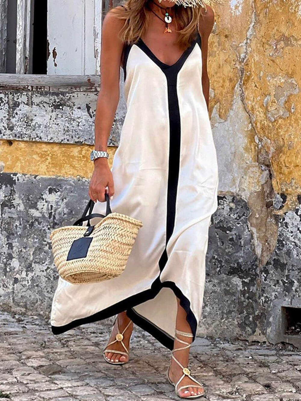 Amalfi Breeze - Colorblock Suspender Maxi Dress