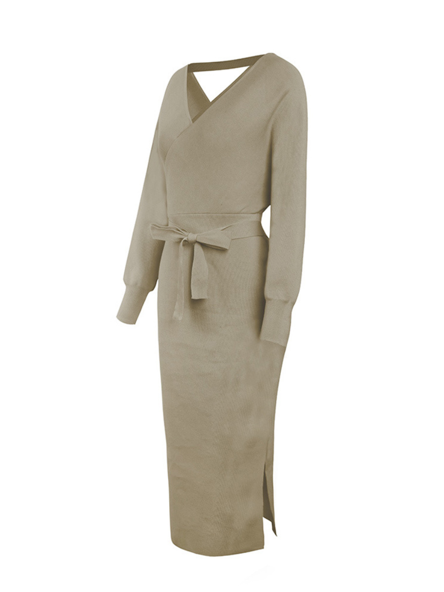 Lorene Tie Waist Midi Sweater Dress - Khaki