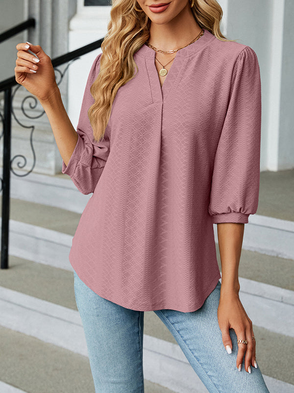 Loose Puff Sleeves Jacquard Pleated Solid Color Split-Joint V-Neck T-Shirts Tops