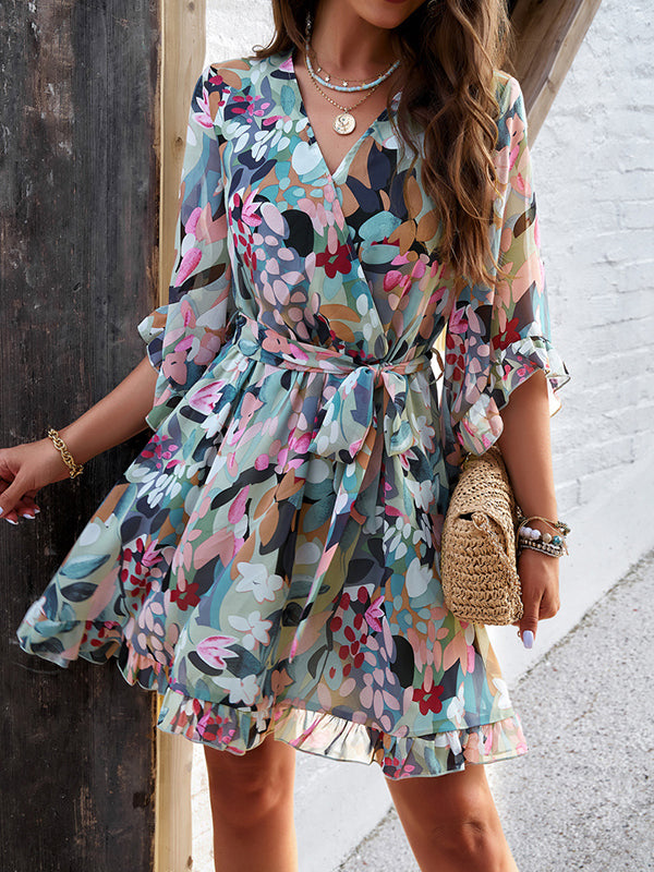 Flared Sleeves Half Sleeves Flower Print Ruffle Trim Split-Joint Tied Waist V-Neck Mini Dresses