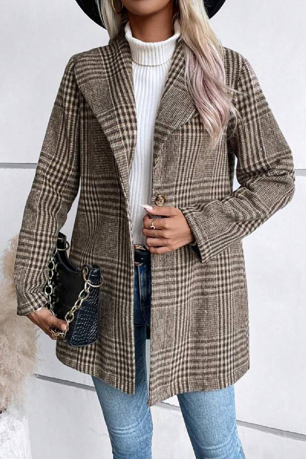 Style Collection Plaid Collared Neck Long Sleeve Jacket