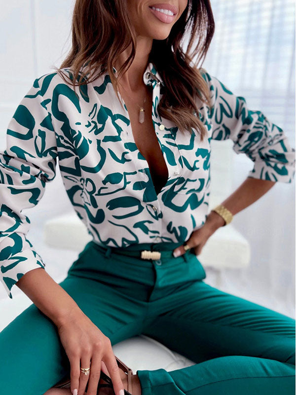 Long Sleeves Loose Printed Lapel Blouses