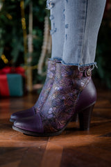 SOFFIA | FLORAL EMBOSSED METALLIC LEATHER ANKLE BOOT - PURPLE