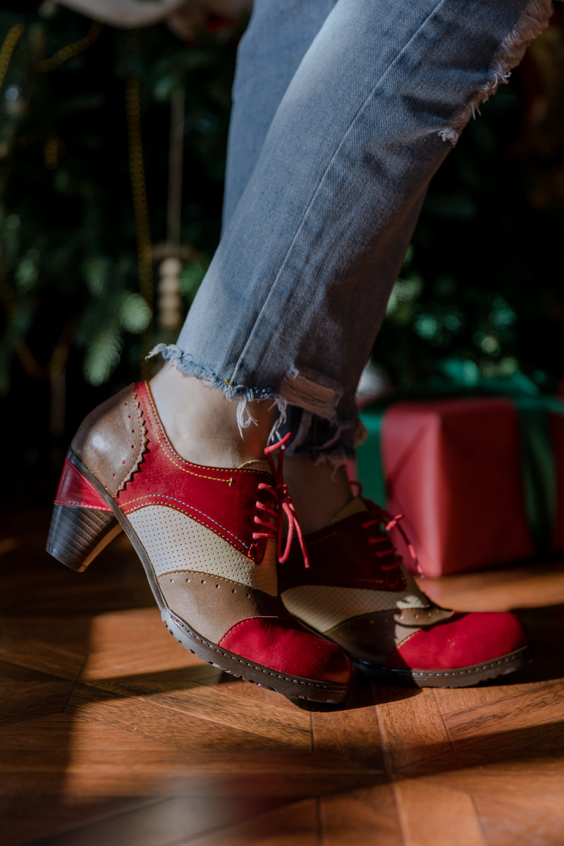 SOFFIA | COLOR BLOCK BLOCK HEEL LEATHER OXFORD - RED