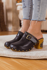 SOFFIA | BLACK LEATHER BLOCK HEEL CLOG