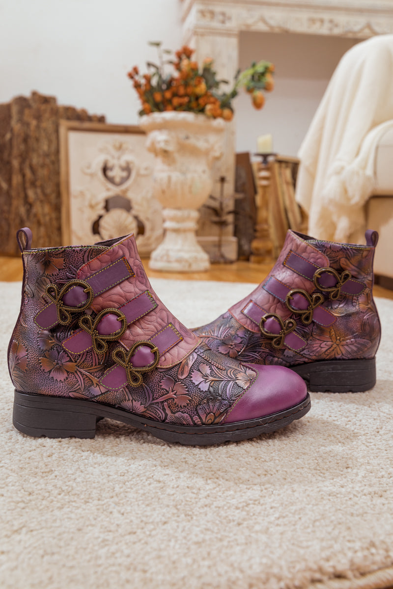 SOFFIA | ROSE GARDEN EMBOSSED LEATHER STRAP BOOT - PURPLE