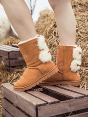 SMAIBULUN Ugg | Back Woollen Bow Suede Boots - Chestnut