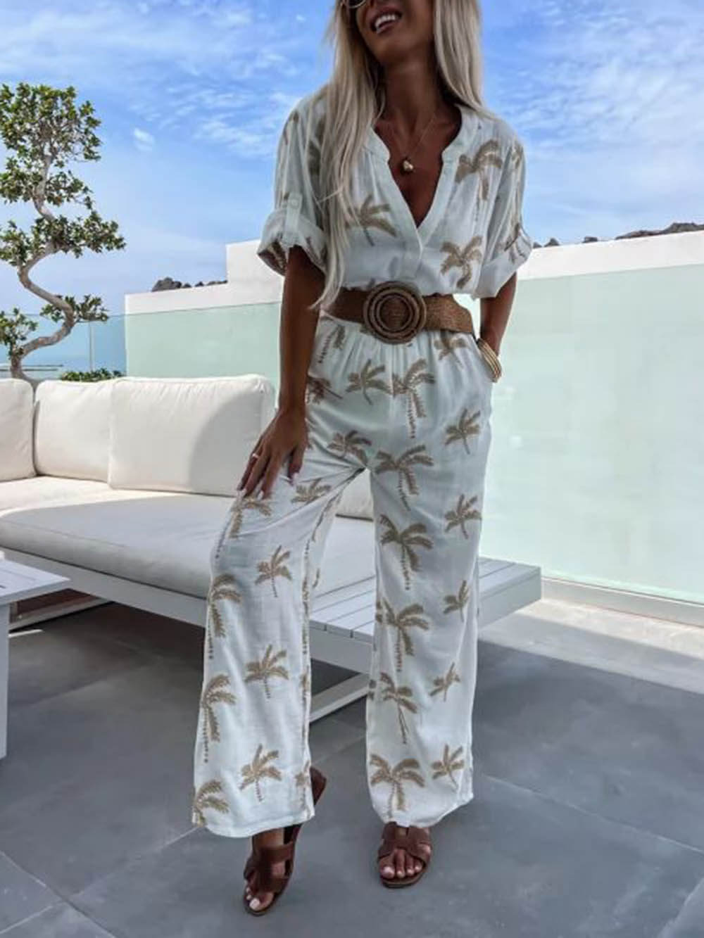 Unique Gold Palm Tree Print Elastic Pocket Straight Leg Pants