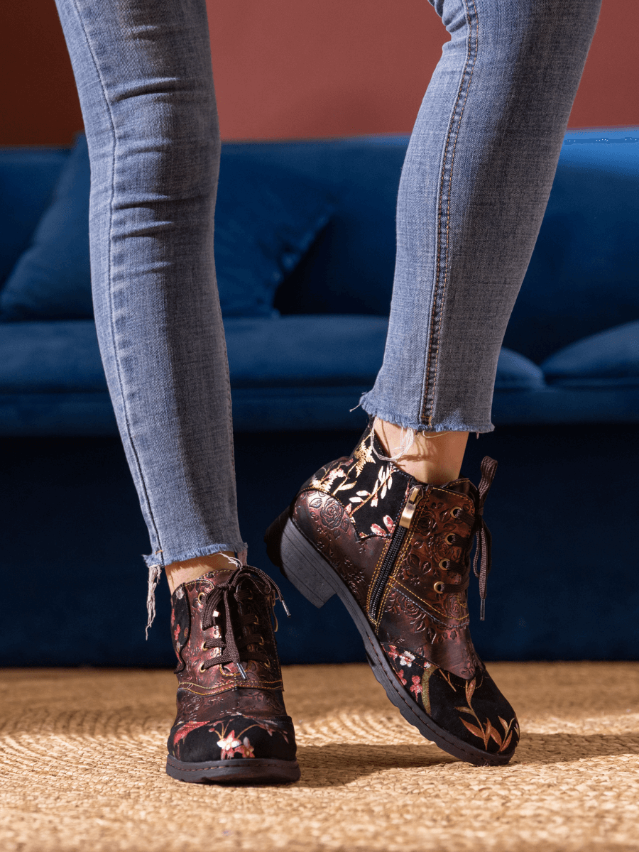 Soffia | Jordie Floral Embossed Leather Combat Boots - Red