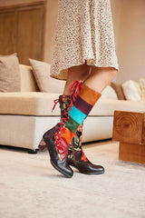 Soffia | Delora Floral Contrast Stripe Wide Calf Leather Knee High Boots