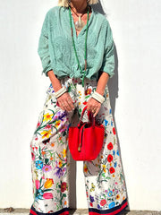 Floral Unique Print Elastic Waist Pocketed Wide Leg Pants