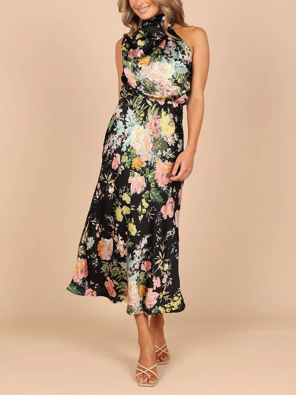 Floral Halter Neck Elastic Waist Maxi Dress