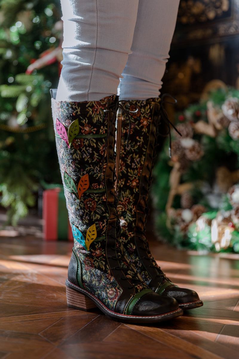 SOFFIA | FLORAL PATCHWORK APPLIQUE LEATHER CANVAS BOOT