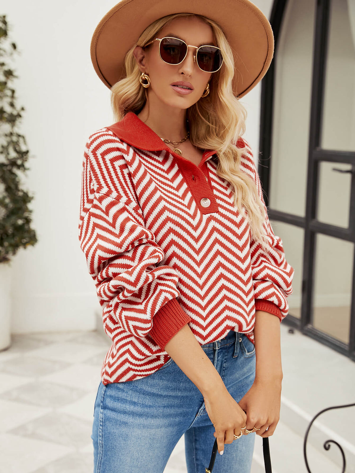 Benji Zig Zag Striped Batwing Sleeve Sweater - Red