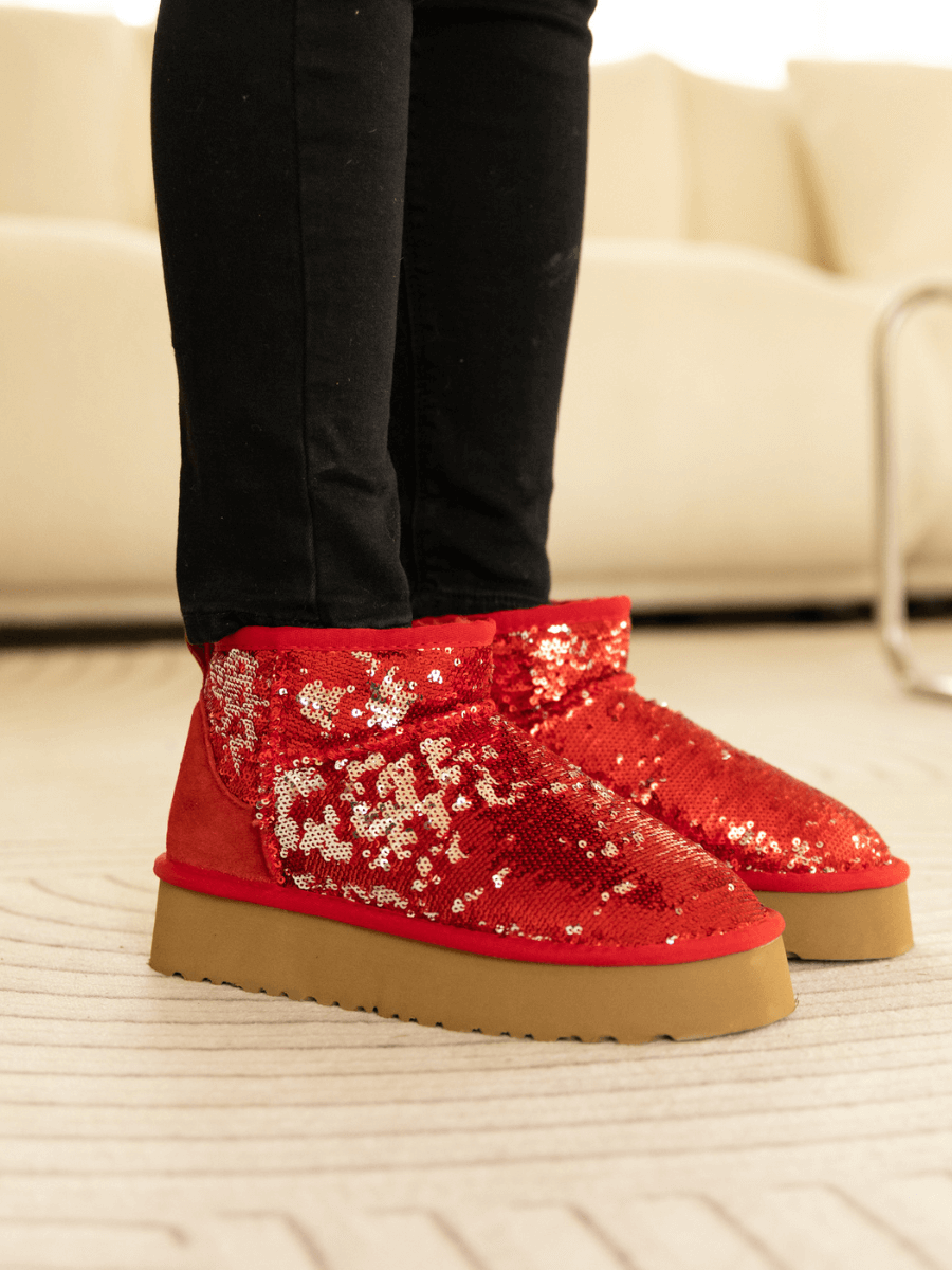 Smaibulun Ugg | Mini Glitter Low Ankle Platform Boots - Red