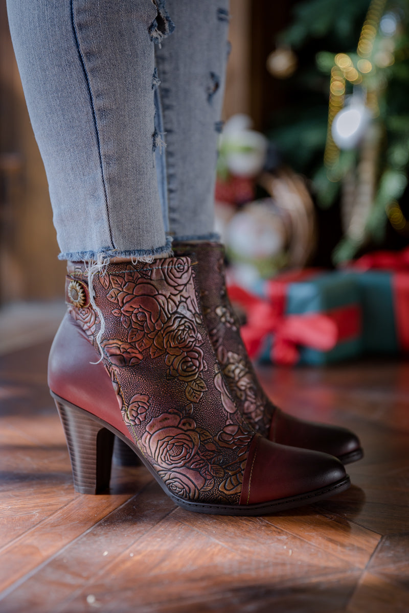 SOFFIA | FLORAL EMBOSSED METALLIC LEATHER ANKLE BOOT - CLARET