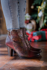 SOFFIA | FLORAL EMBOSSED METALLIC LEATHER ANKLE BOOT - CLARET