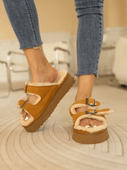 Smaibulun Ugg | Woolen Suede Double Strap Platform Sandal - Chestnut