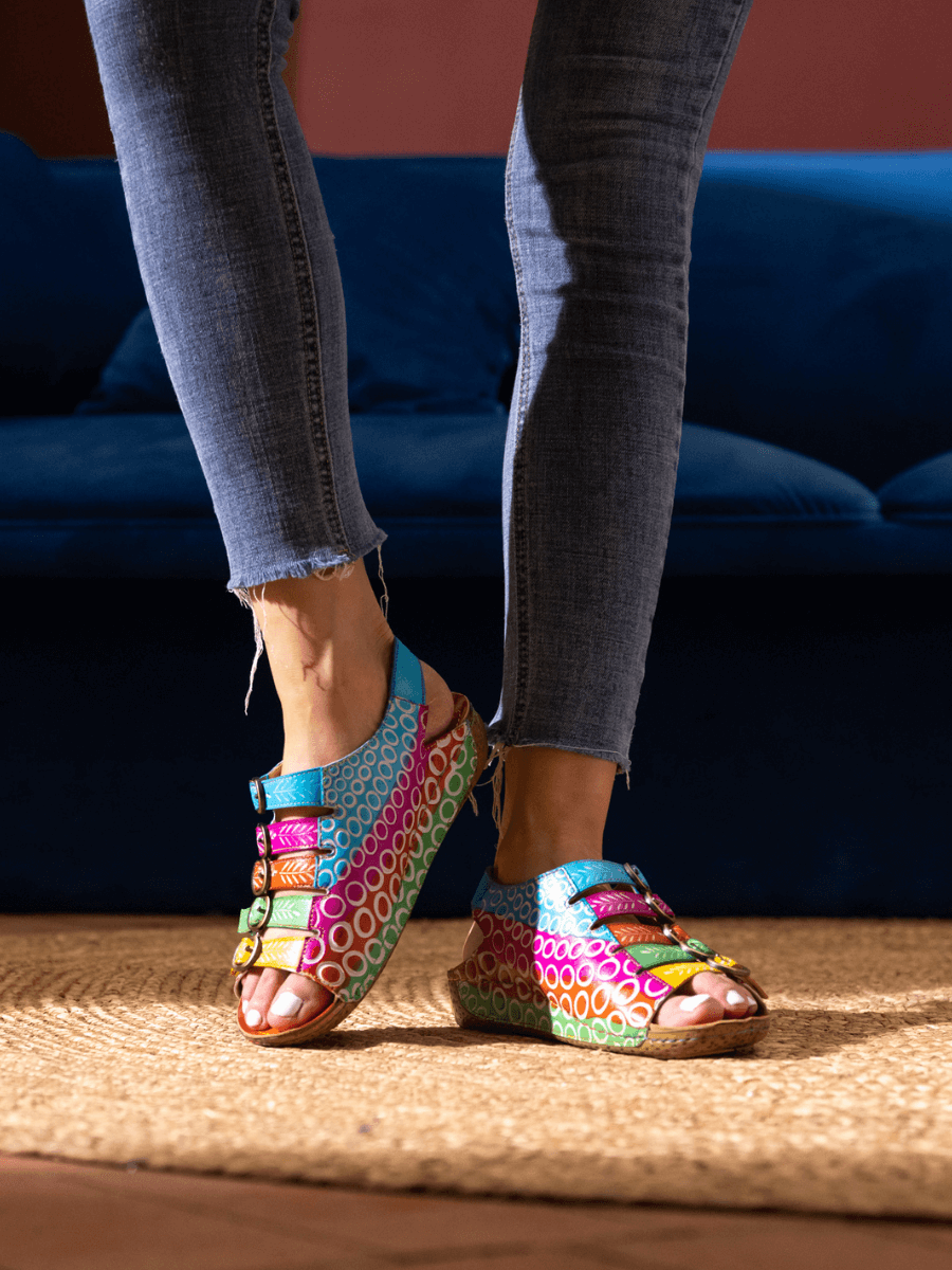 SOFFIA | RAINBOW STRAP BUBBLE PATTERN LEATHER SANDAL