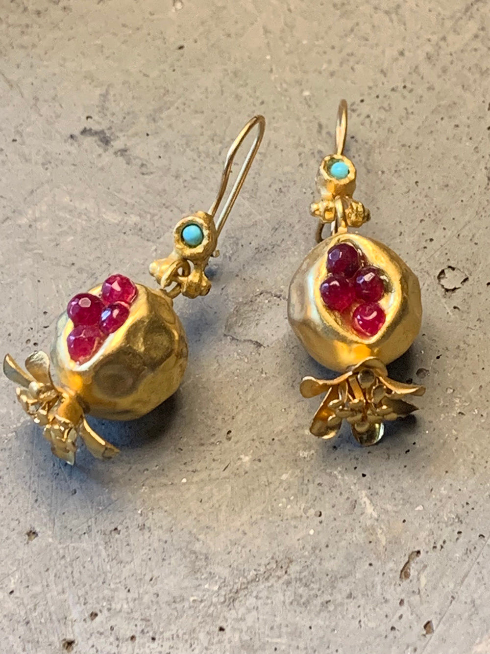 Pomegranate Design Turquoise Turkish Gold Earrings