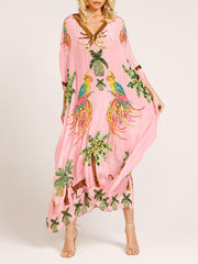 Unique Drop Shoulder Sleeve Coconut Tree Printed Dress