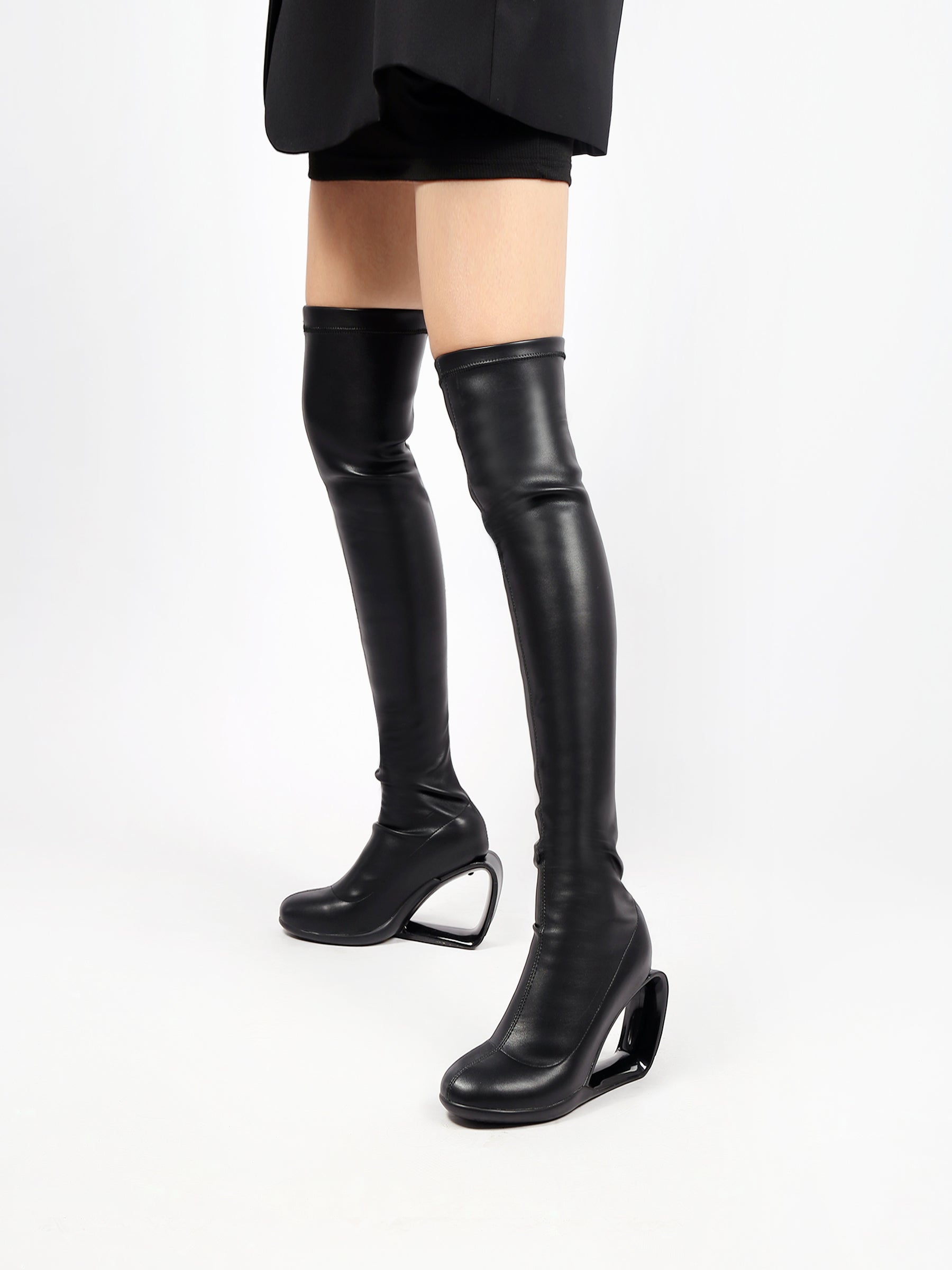 JADY ROSE | WEDGE HEEL BLACK LEATHER OVER KNEE NIGHT BOOT