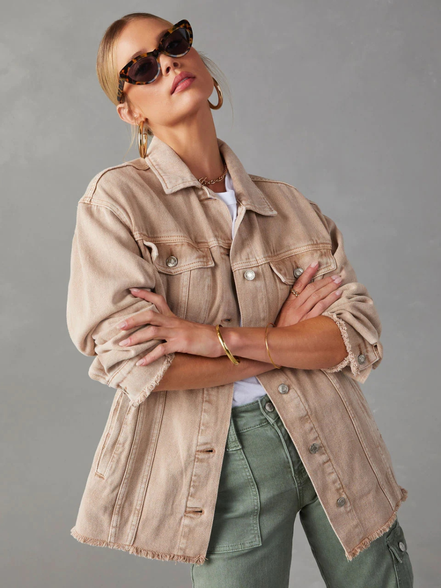 Midland Oversized Frayed Denim Jacket - Beige