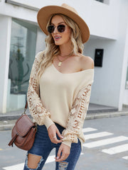 NOTEPAD EMBROIDERED LACE SLEEVE KNIT SWEATER - BEIGE