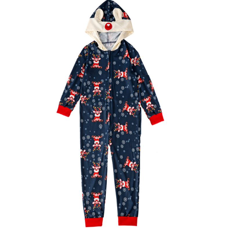 Christmas Print Hooded One-Piece Pajamas Set